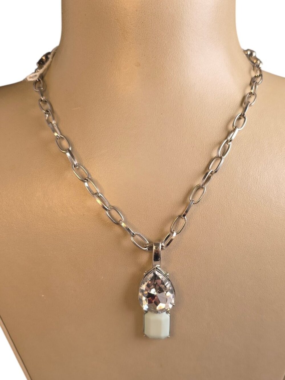 Vintage Stainless Steel Link Chain with Pale Blue Crystal Resin Pendant 18"